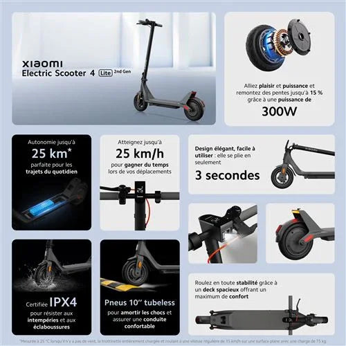 Trottinette électrique Xiaomi Electric Scooter 4 Lite 2nd Gen 300 W Noir - STORE COMMERCE